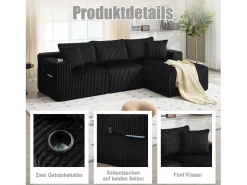 Conjunto de sofá de 3 lugares - 257 x 160 x 80 cm - com 5 almofadas - montagem DIY - veludo - preto