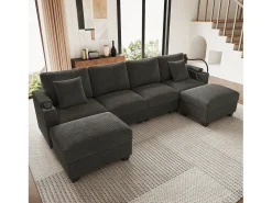 Conjunto de sofá em formato de U com 4 lugares - 275,5 x 139 x 87 cm - com apoio para os pés + porta USB + espaço de armazenamento - veludo - cinza