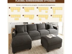 Conjunto de sofá em formato de U com 4 lugares - 275,5 x 139 x 87 cm - com apoio para os pés + porta USB + espaço de armazenamento - veludo - cinza
