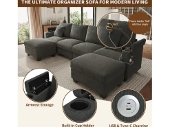 Conjunto de sofá em formato de U com 4 lugares - 275,5 x 139 x 87 cm - com apoio para os pés + porta USB + espaço de armazenamento - veludo - cinza