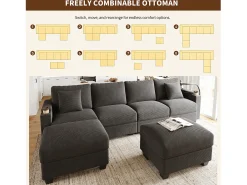 Conjunto de sofá em formato de U com 4 lugares - 275,5 x 139 x 87 cm - com apoio para os pés + porta USB + espaço de armazenamento - veludo - cinza