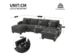 Conjunto de sofá em formato de U com 4 lugares - 275,5 x 139 x 87 cm - com apoio para os pés + porta USB + espaço de armazenamento - veludo - cinza