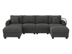 Conjunto de sofá em formato de U com 4 lugares - 275,5 x 139 x 87 cm - com apoio para os pés + porta USB + espaço de armazenamento - veludo - cinza