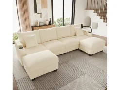 Conjunto de sofá em formato de U com 4 lugares - 275,5 x 139 x 87 cm - com apoio para os pés + porta USB + espaço de armazenamento - veludo - bege