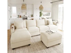 Conjunto de sofá em formato de U com 4 lugares - 275,5 x 139 x 87 cm - com apoio para os pés + porta USB + espaço de armazenamento - veludo - bege