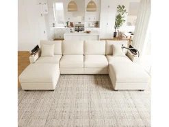 Conjunto de sofá em formato de U com 4 lugares - 275,5 x 139 x 87 cm - com apoio para os pés + porta USB + espaço de armazenamento - veludo - bege