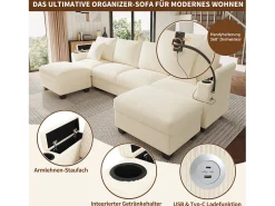 Conjunto de sofá em formato de U com 4 lugares - 275,5 x 139 x 87 cm - com apoio para os pés + porta USB + espaço de armazenamento - veludo - bege