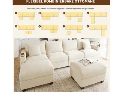 Conjunto de sofá em formato de U com 4 lugares - 275,5 x 139 x 87 cm - com apoio para os pés + porta USB + espaço de armazenamento - veludo - bege