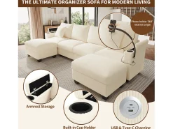 Conjunto de sofá em formato de U com 4 lugares - 275,5 x 139 x 87 cm - com apoio para os pés + porta USB + espaço de armazenamento - veludo - bege