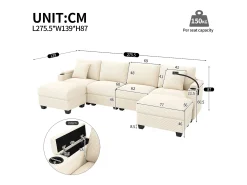Conjunto de sofá em formato de U com 4 lugares - 275,5 x 139 x 87 cm - com apoio para os pés + porta USB + espaço de armazenamento - veludo - bege