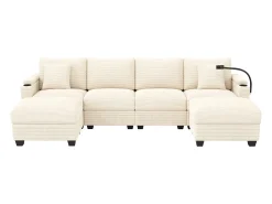 Conjunto de sofá em formato de U com 4 lugares - 275,5 x 139 x 87 cm - com apoio para os pés + porta USB + espaço de armazenamento - veludo - bege