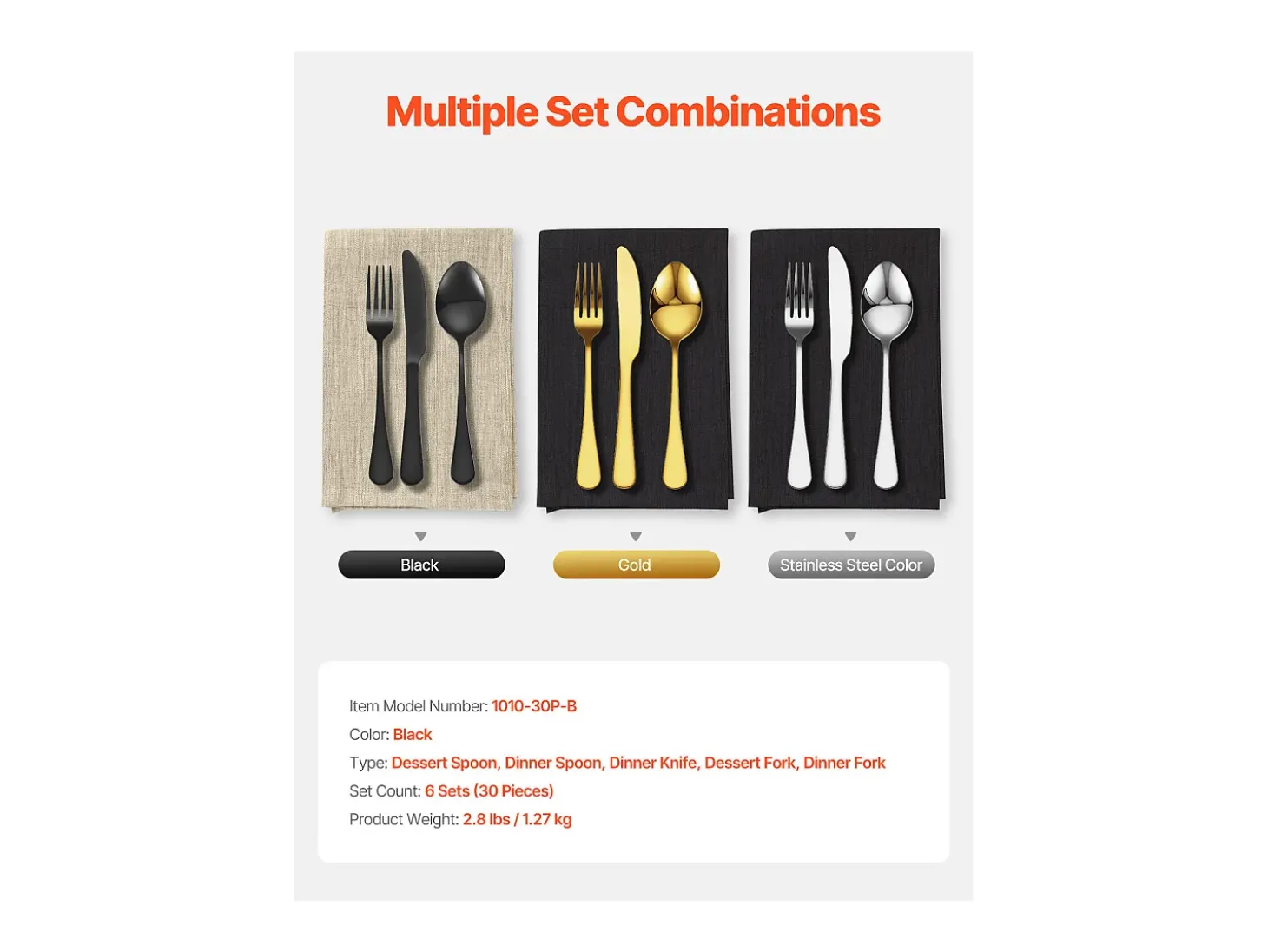 Conjunto de Talheres SucceBuy Conjunto de Talheres em Aço Inoxidável com 30 Peças para 6 Pessoas, Preto.