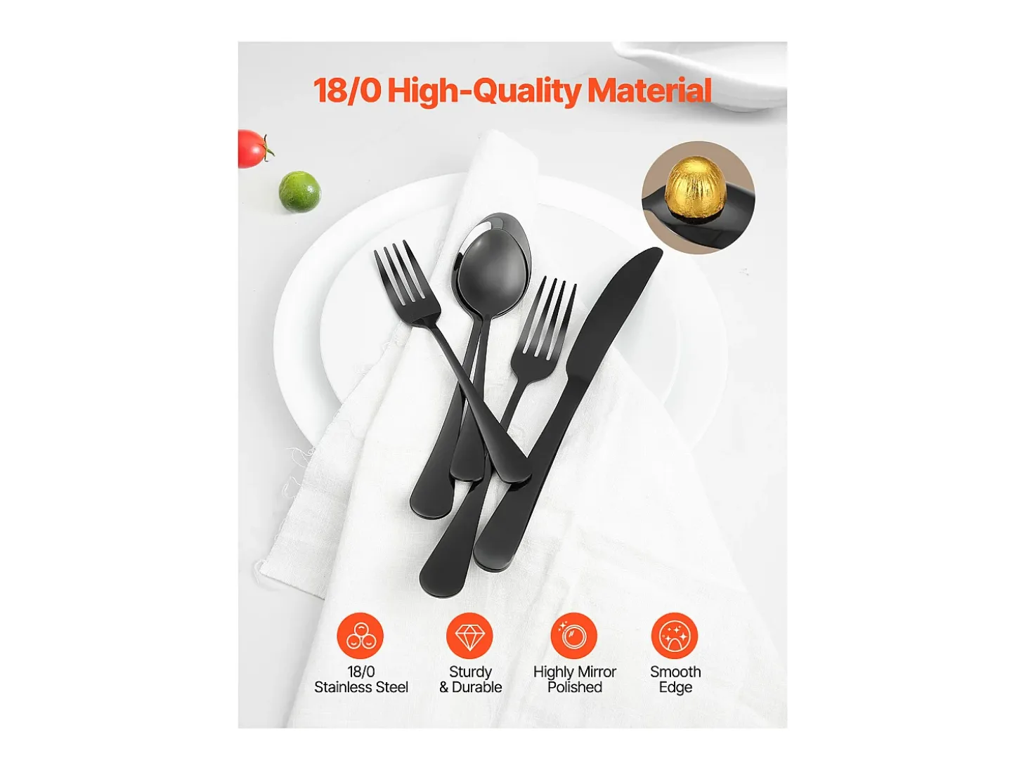 Conjunto de Talheres SucceBuy Conjunto de Talheres em Aço Inoxidável com 30 Peças para 6 Pessoas, Preto.