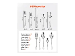 Conjunto de Talheres SucceBuy Conjunto de Talheres em Aço Inoxidável com 65 Peças para 12 Pessoas, Serviço de Cozinha.