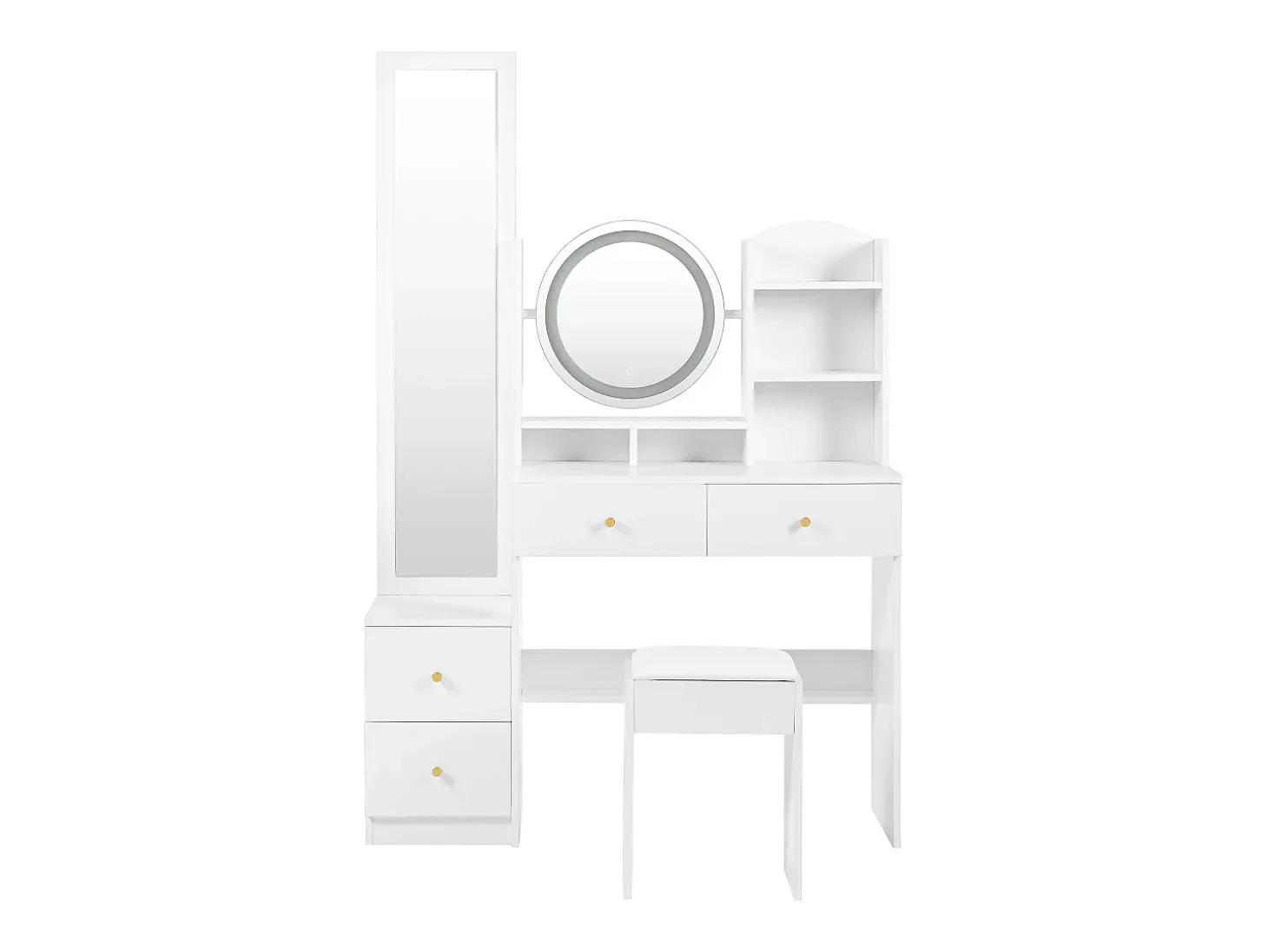 Conjunto de toucador com espelho LED e espelho de corpo inteiro, quatro gavetas e duas prateleiras, candeeiro de toucador, branco 164x39x109 cm