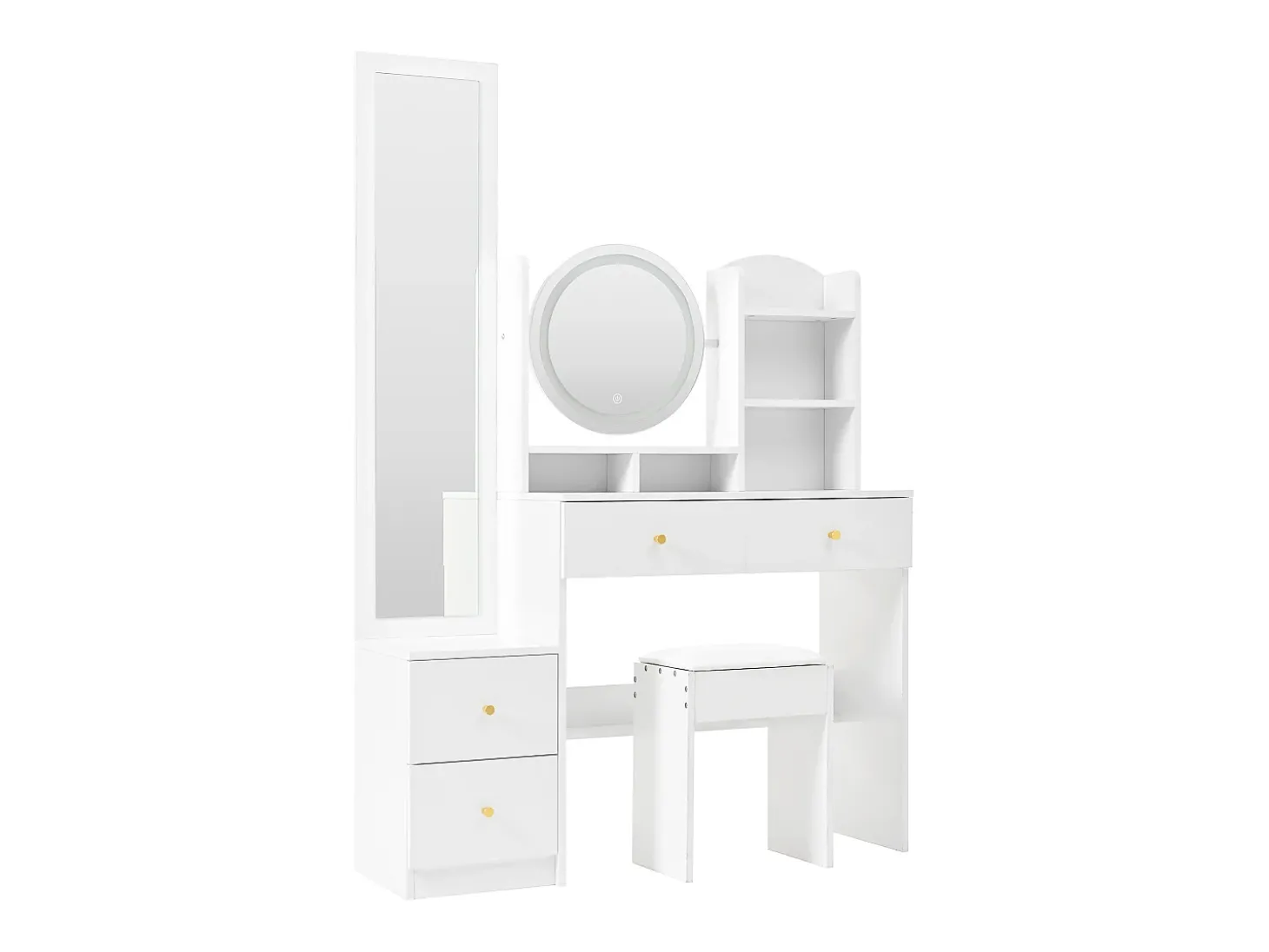 Conjunto de toucador com espelho LED e espelho de corpo inteiro, quatro gavetas e duas prateleiras, candeeiro de toucador, branco 164x39x109 cm