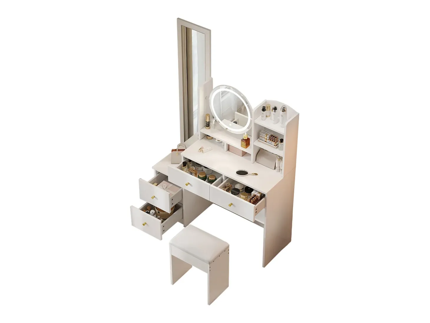 Conjunto de toucador com espelho LED e espelho de corpo inteiro, quatro gavetas e duas prateleiras, candeeiro de toucador, branco 164x39x109 cm