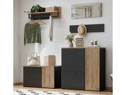 Conjunto de vestiário de entrada - 2 móveis para sapatos - haste para roupas e 4 ganchos - Espelho - Natural + Preto