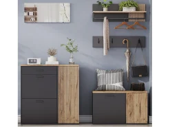 Conjunto de vestiário de entrada - 2 móveis para sapatos - haste para roupas e 4 ganchos - Espelho - Natural + Preto