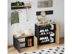 Conjunto de vestiário de entrada - 2 móveis para sapatos - haste para roupas e 4 ganchos - Espelho - Natural + Preto