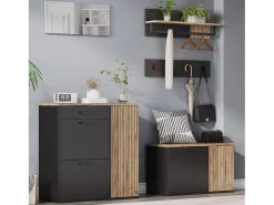 Conjunto de vestiário de entrada - 2 móveis para sapatos - haste para roupas e 4 ganchos - Espelho - Natural + Preto
