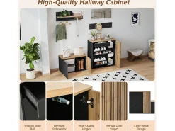 Conjunto de vestiário de entrada - 2 móveis para sapatos - haste para roupas e 4 ganchos - Espelho - Natural + Preto