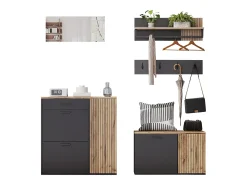 Conjunto de vestiário de entrada - 2 móveis para sapatos - haste para roupas e 4 ganchos - Espelho - Natural + Preto