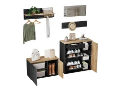 Conjunto de vestiário de entrada - 2 móveis para sapatos - haste para roupas e 4 ganchos - Espelho - Natural + Preto