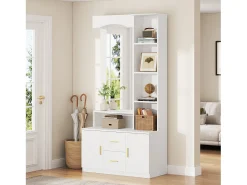 Conjunto de vestiário de entrada 90x40x180cm - com móvel para sapatos e espelho - 2 gavetas e 2 portas - com prateleiras - Branco