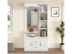 Conjunto de vestiário de entrada 90x40x180cm - com móvel para sapatos e espelho - 2 gavetas e 2 portas - com prateleiras - Branco