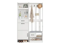 Conjunto de vestiário de entrada 110x35x175.5 cm - Móvel para sapatos e banco de sapatos - ganchos e painel perfurado - Branco