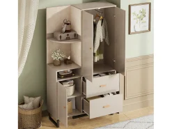 Conjunto de vestiário de entrada 110x38x186 cm - 3 portas e 2 gavetas - Com cabideiro - Prateleiras abertas - Bege e cinza