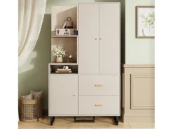 Conjunto de vestiário de entrada 110x38x186 cm - 3 portas e 2 gavetas - Com cabideiro - Prateleiras abertas - Bege e cinza