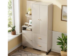 Conjunto de vestiário de entrada 110x38x186 cm - 3 portas e 2 gavetas - Com cabideiro - Prateleiras abertas - Bege e cinza