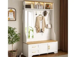 Conjunto de vestiário de entrada 120x40x187 cm - Espelho e ganchos - com LED - Móvel para sapatos - Branco + Natural