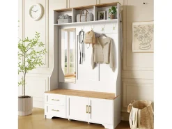 Conjunto de vestiário de entrada 120x40x187 cm - Espelho e ganchos - com LED - Móvel para sapatos - Branco + Natural