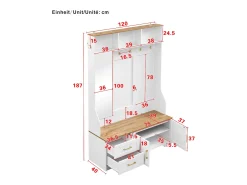 Conjunto de vestiário de entrada 120x40x187 cm - Espelho e ganchos - com LED - Móvel para sapatos - Branco + Natural