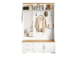Conjunto de vestiário de entrada 120x40x187 cm - Espelho e ganchos - com LED - Móvel para sapatos - Branco + Natural