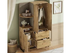 Conjunto de vestiário de entrada 110x38x186 cm - 3 portas e 2 gavetas - guarda-roupa com cabide - Painel acolchoado - Natural