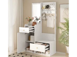 Conjunto de vestiário de entrada 105x38x180 cm - com espelho - com ganchos ajustáveis - 2 gavetas e 1 porta - Branco