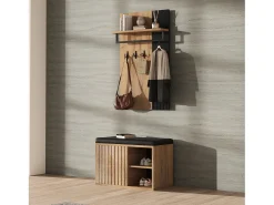 Conjunto de vestiário de entrada - 1 cabideiro e 1 móvel para sapatos - com almofada e 3 ganchos - Natural + Preto