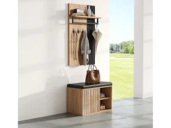 Conjunto de vestiário de entrada - 1 cabideiro e 1 móvel para sapatos - com almofada e 3 ganchos - Natural + Preto