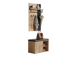 Conjunto de vestiário de entrada - 1 cabideiro e 1 móvel para sapatos - com almofada e 3 ganchos - Natural + Preto