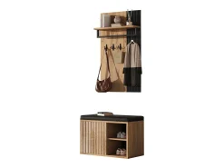 Conjunto de vestiário de entrada - 1 cabideiro e 1 móvel para sapatos - com almofada e 3 ganchos - Natural + Preto