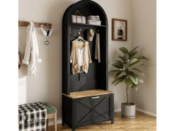 Conjunto de vestiário de entrada 75x35x195 cm - com móvel para sapatos e ganchos - com prateleiras - Preto