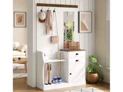 Conjunto de vestiário de entrada 110.5x38x191 cm - com espelho e ganchos - 2 gavetas e 1 porta - com guarda-chuva - Branco