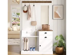 Conjunto de vestiário de entrada 110.5x38x191 cm - com espelho e ganchos - 2 gavetas e 1 porta - com guarda-chuva - Branco