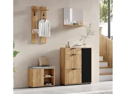Conjunto de vestiário de entrada 4 peças - móvel de sapatos e banco de sapatos - espelho e cabideiro - Natural + Preto