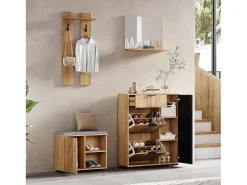 Conjunto de vestiário de entrada 4 peças - móvel de sapatos e banco de sapatos - espelho e cabideiro - Natural + Preto
