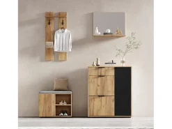 Conjunto de vestiário de entrada 4 peças - móvel de sapatos e banco de sapatos - espelho e cabideiro - Natural + Preto